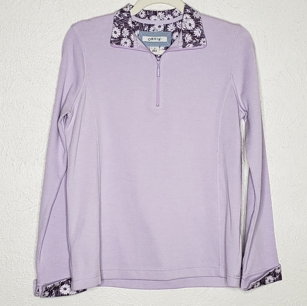 Orvis Ribbed Lavender Lilac and Floral Vneck quarter zip pullover cozy sweater